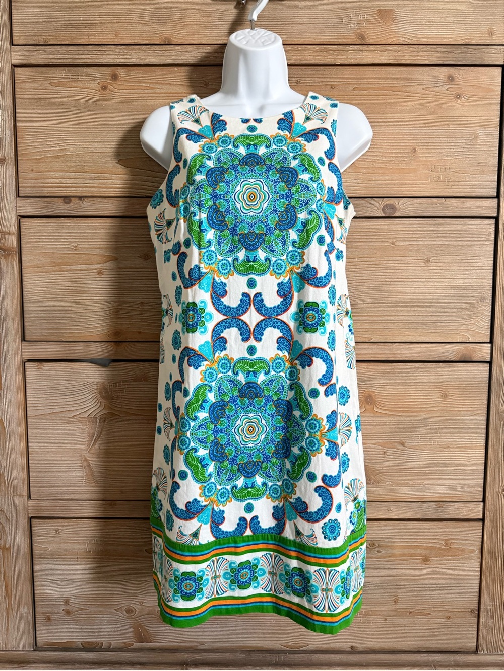 London Times Cream Shift Dress with Blue & Green Medallion Print Like New Sz 6